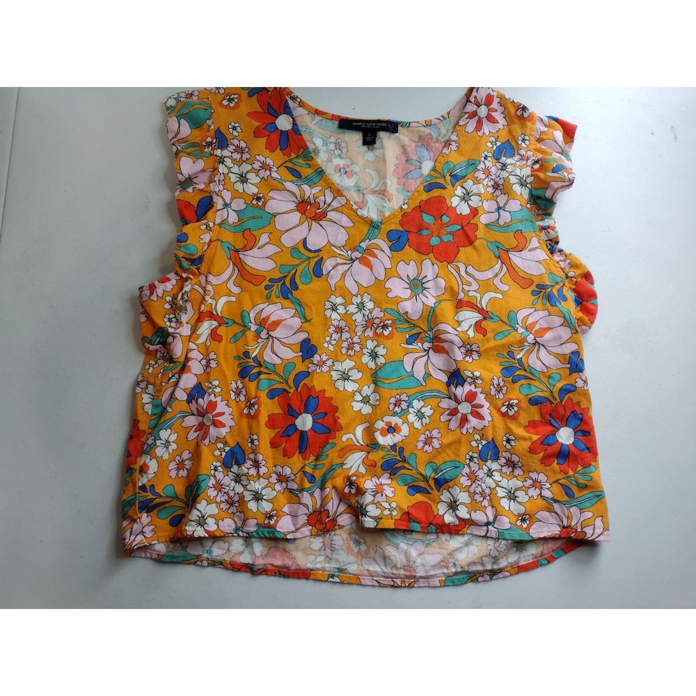 Marc New York Womens Orange Floral Flutter Sleeve V Neck linen Top Size L